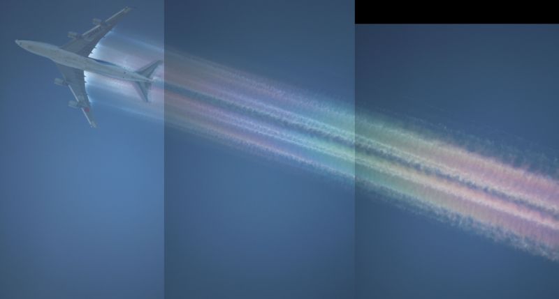 Flugzeug NCA B747 - Fotomontage mit irisierenden Wolken am 17.5.2017