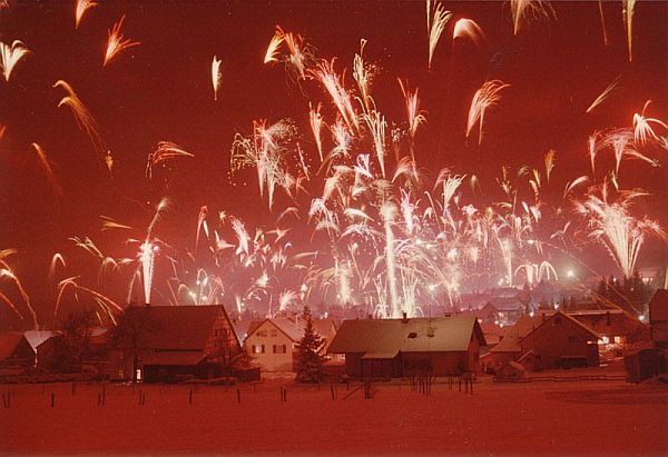 Fireworks photographed with red-sensitive film